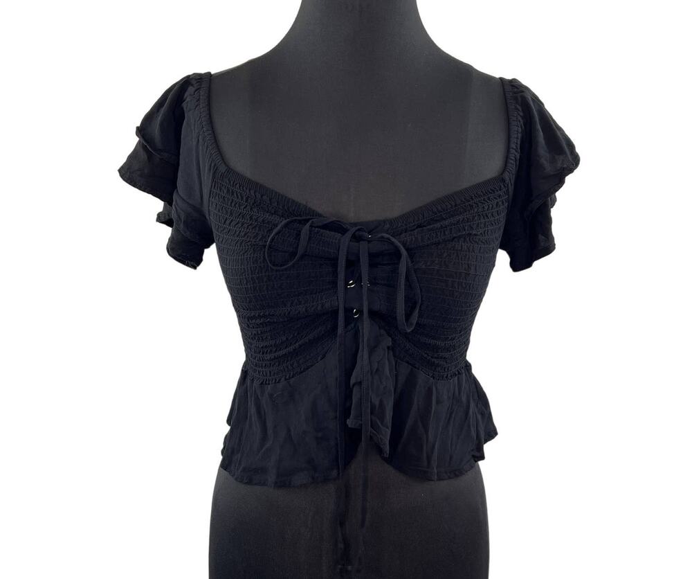 Revamped Women's Black Short Tiered Sleeve Smocked Drawcord Crop Top Size M